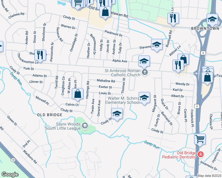 map of restaurants, bars, coffee shops, grocery stores, and more near 13 Exeter Street in Old Bridge