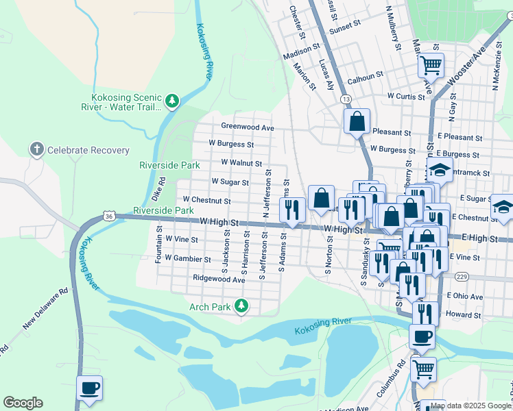 map of restaurants, bars, coffee shops, grocery stores, and more near 802 1/2 West Chestnut Street in Mount Vernon