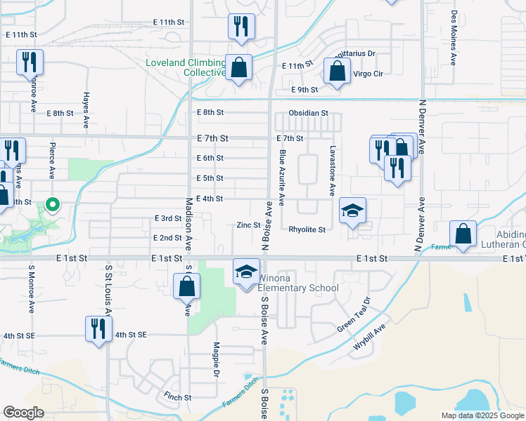 map of restaurants, bars, coffee shops, grocery stores, and more near 345 North Boise Avenue in Loveland