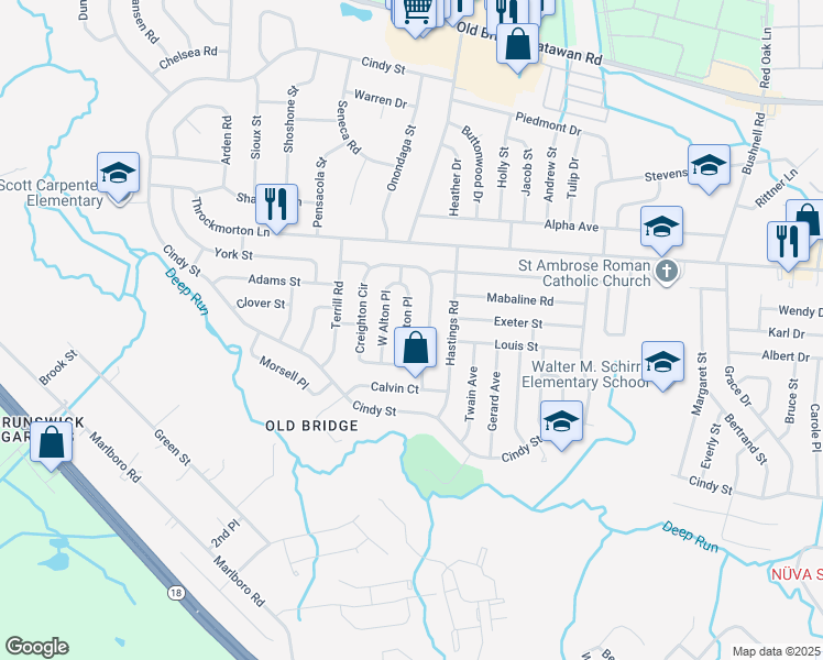 map of restaurants, bars, coffee shops, grocery stores, and more near 42 Creighton Circle in Old Bridge
