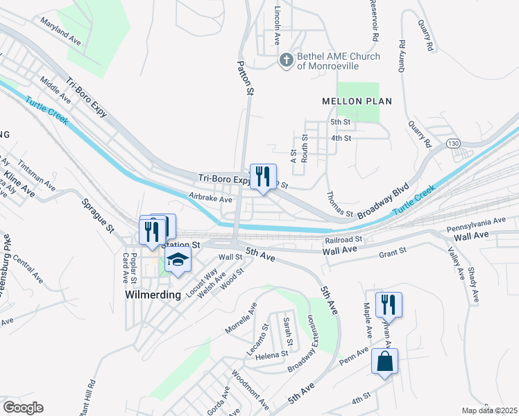 map of restaurants, bars, coffee shops, grocery stores, and more near 134 Watkins Avenue in Wilmerding