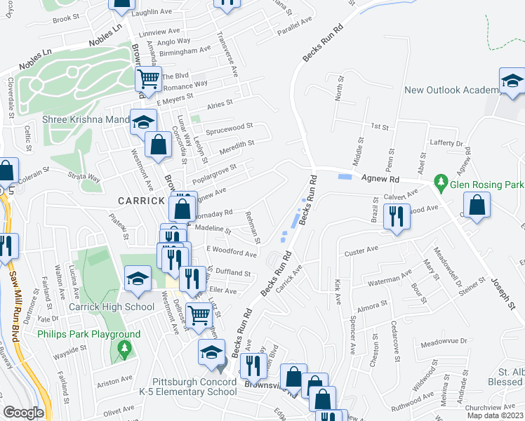 map of restaurants, bars, coffee shops, grocery stores, and more near 2038 Redrose Avenue in Pittsburgh