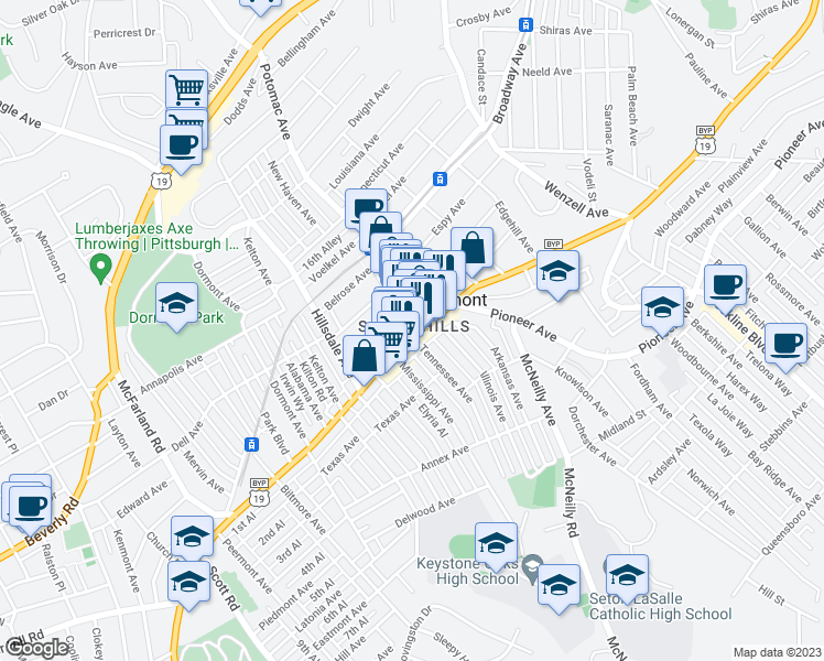 map of restaurants, bars, coffee shops, grocery stores, and more near in Dormont