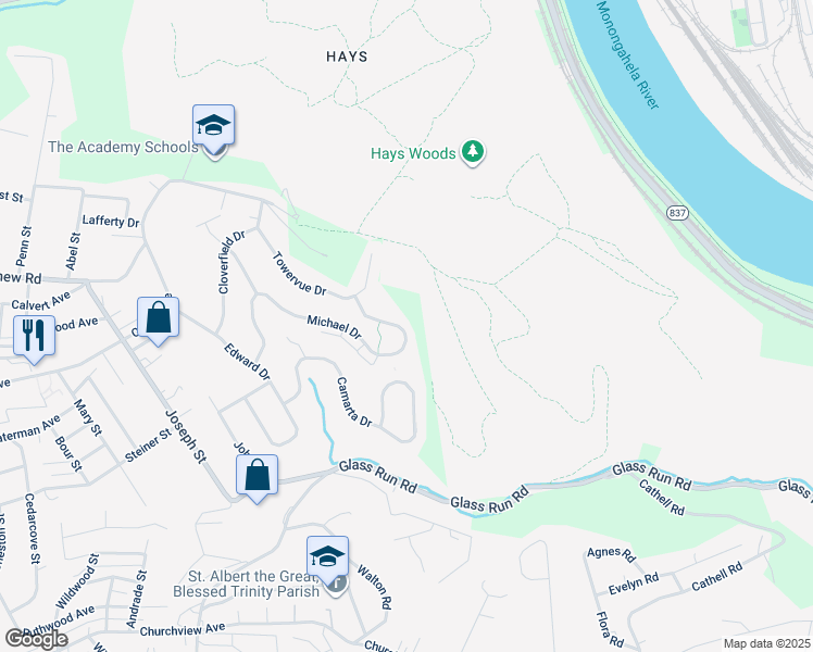 map of restaurants, bars, coffee shops, grocery stores, and more near 2400 Michael Drive in Pittsburgh