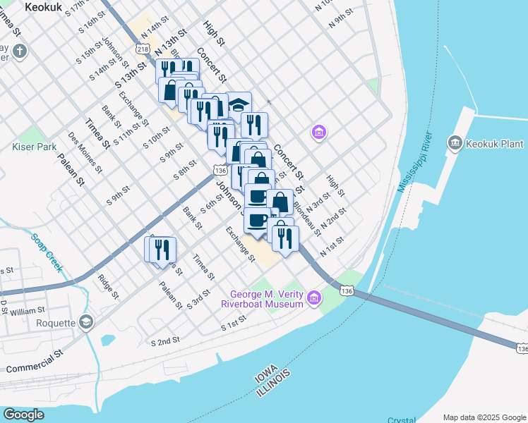 map of restaurants, bars, coffee shops, grocery stores, and more near 406 Main Street in Keokuk