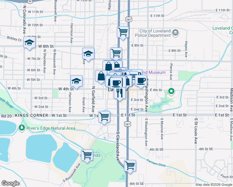 map of restaurants, bars, coffee shops, grocery stores, and more near in Loveland