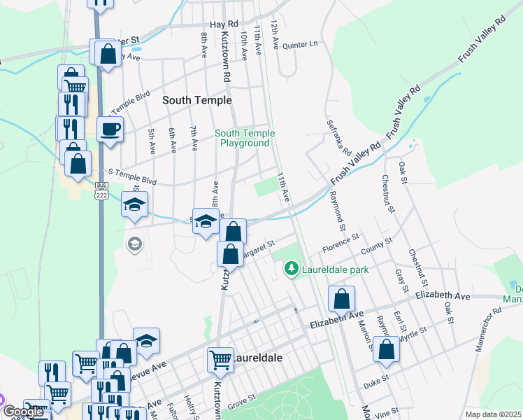 map of restaurants, bars, coffee shops, grocery stores, and more near 1405 Frush Valley Road in Reading