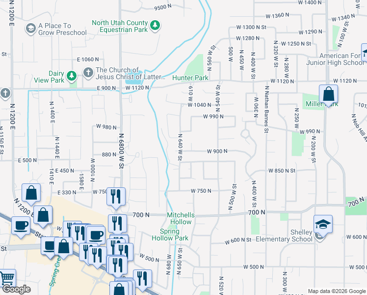 map of restaurants, bars, coffee shops, grocery stores, and more near 634 West 900 North in American Fork