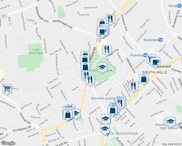 map of restaurants, bars, coffee shops, grocery stores, and more near 1667 Memorial Drive in Pittsburgh
