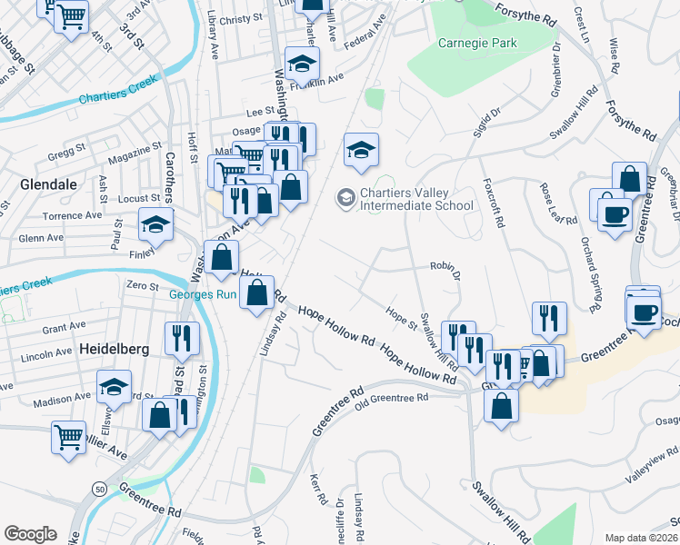map of restaurants, bars, coffee shops, grocery stores, and more near 577 Hope Street in Pittsburgh