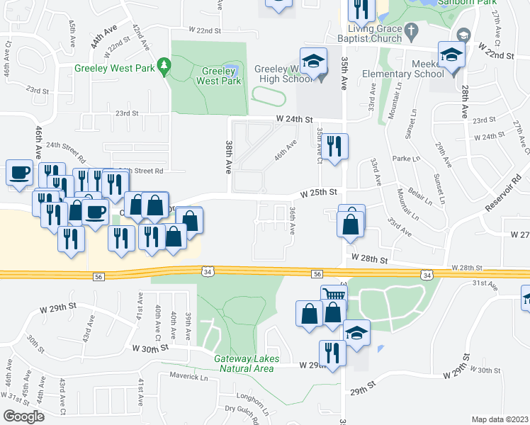 map of restaurants, bars, coffee shops, grocery stores, and more near 3660 West 25th Street in Greeley