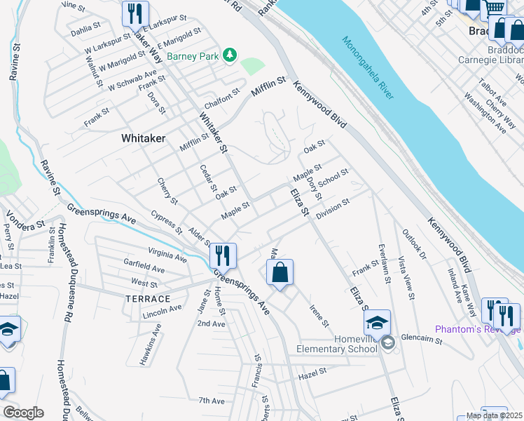 map of restaurants, bars, coffee shops, grocery stores, and more near 505 School St in West Mifflin