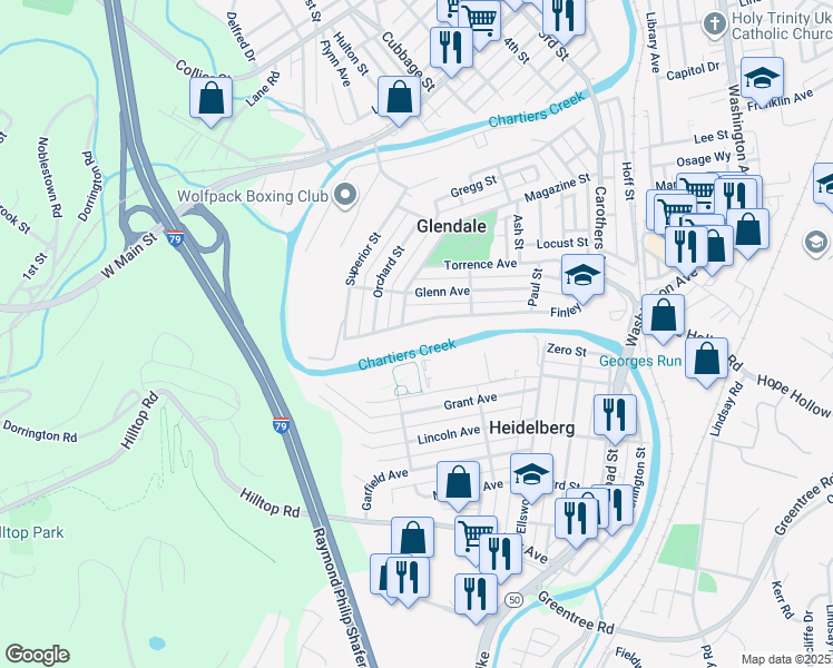 map of restaurants, bars, coffee shops, grocery stores, and more near 447 Finley Avenue in Carnegie