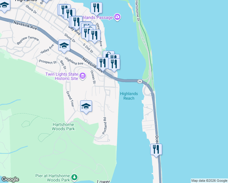 map of restaurants, bars, coffee shops, grocery stores, and more near 53 South Bay Avenue in Highlands