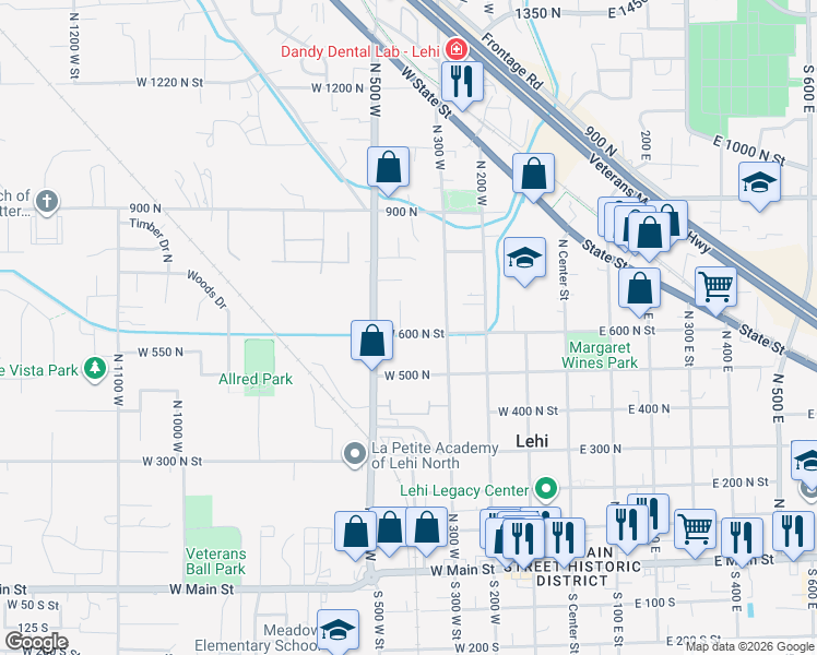 map of restaurants, bars, coffee shops, grocery stores, and more near 406 West 600 North Street in Lehi