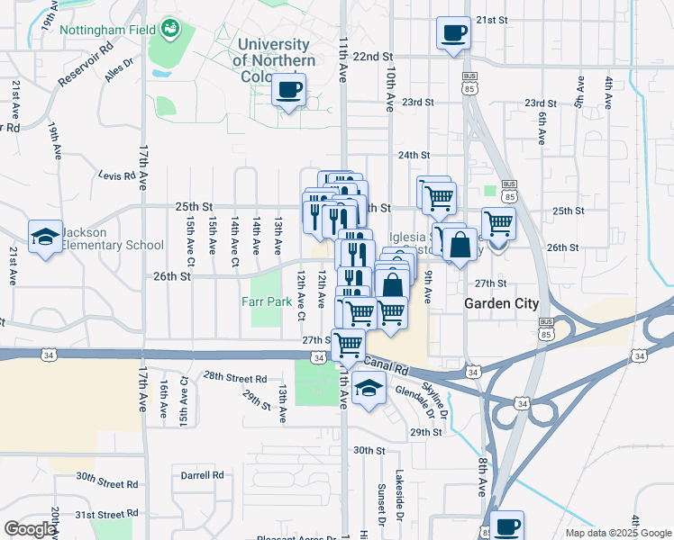map of restaurants, bars, coffee shops, grocery stores, and more near 2605 11th Avenue in Greeley