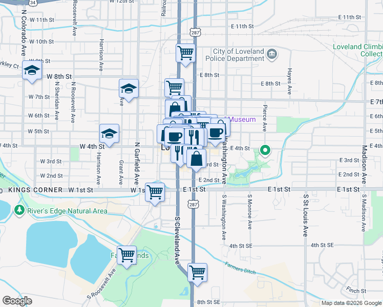 map of restaurants, bars, coffee shops, grocery stores, and more near 365 North Lincoln Avenue in Loveland