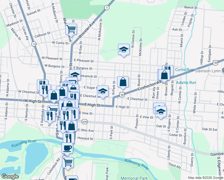 map of restaurants, bars, coffee shops, grocery stores, and more near 220 East Sugar Street in Mount Vernon