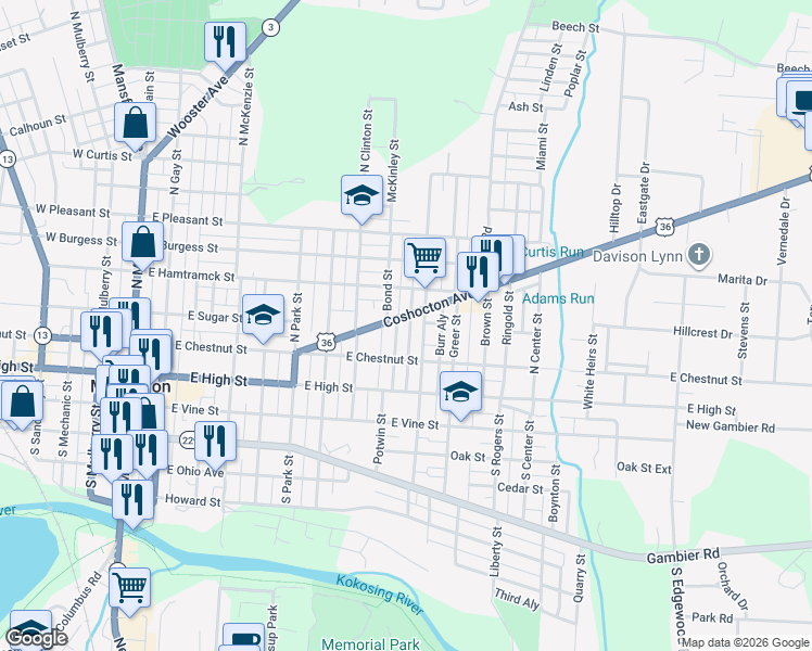 map of restaurants, bars, coffee shops, grocery stores, and more near 220 Coshocton Avenue in Mount Vernon