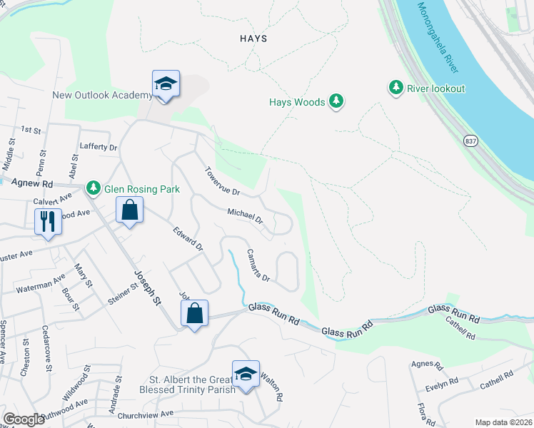 map of restaurants, bars, coffee shops, grocery stores, and more near 2509 Michael Dr in Pittsburgh