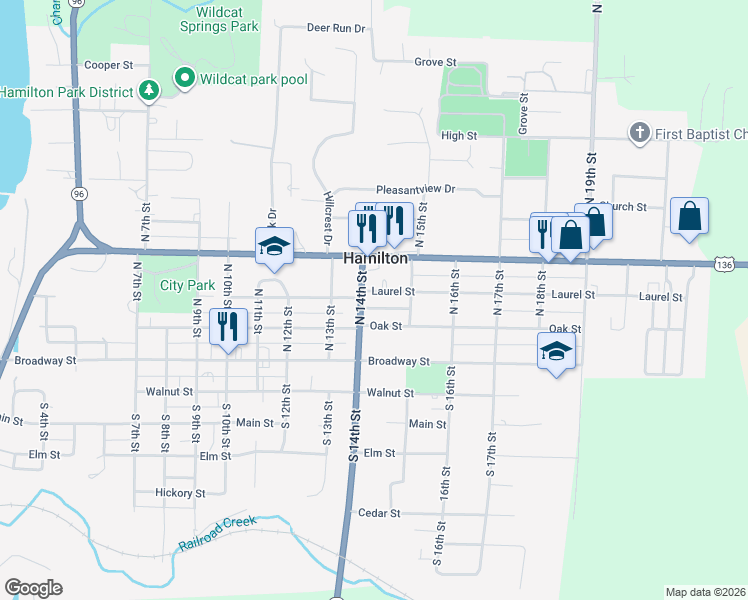 map of restaurants, bars, coffee shops, grocery stores, and more near N 14th St in Hamilton