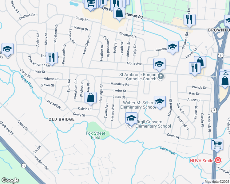 map of restaurants, bars, coffee shops, grocery stores, and more near 25 Exeter Street in Old Bridge
