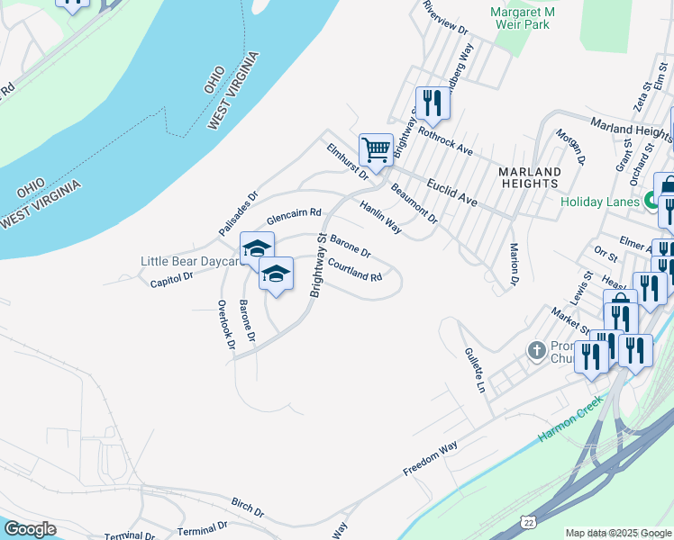 map of restaurants, bars, coffee shops, grocery stores, and more near 1107 Courtland Road in Weirton