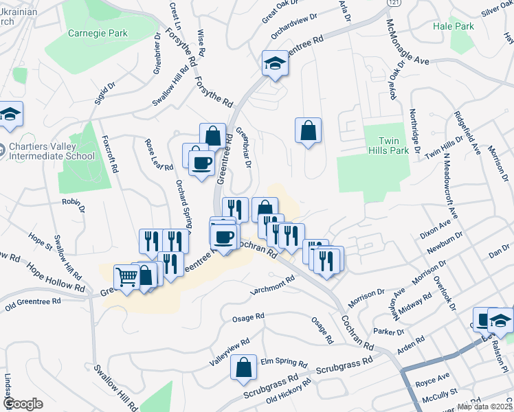 map of restaurants, bars, coffee shops, grocery stores, and more near 340 Highpointe Drive in Pittsburgh
