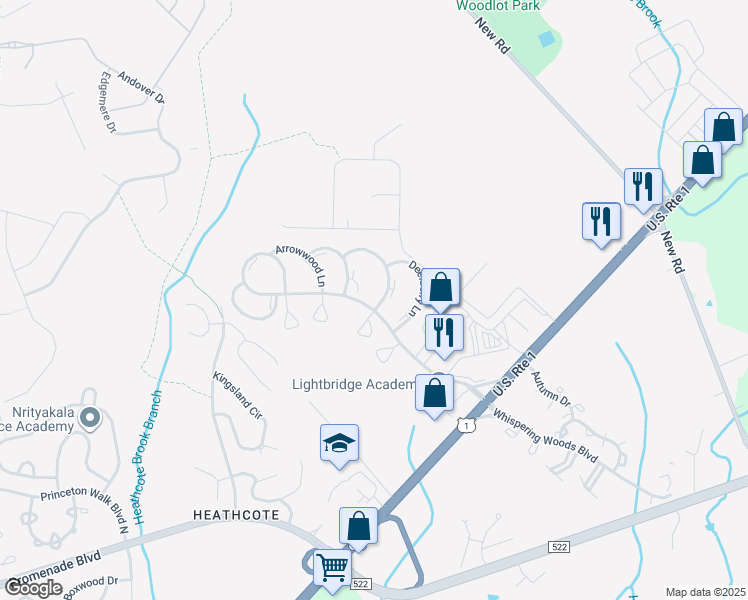 map of restaurants, bars, coffee shops, grocery stores, and more near 16 Foxtail Lane in South Brunswick Township