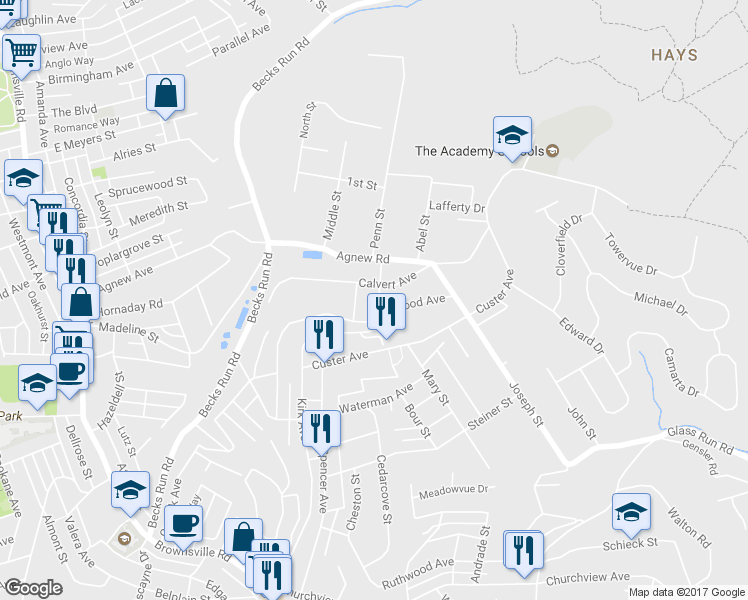 map of restaurants, bars, coffee shops, grocery stores, and more near 315 Alan Street in Pittsburgh