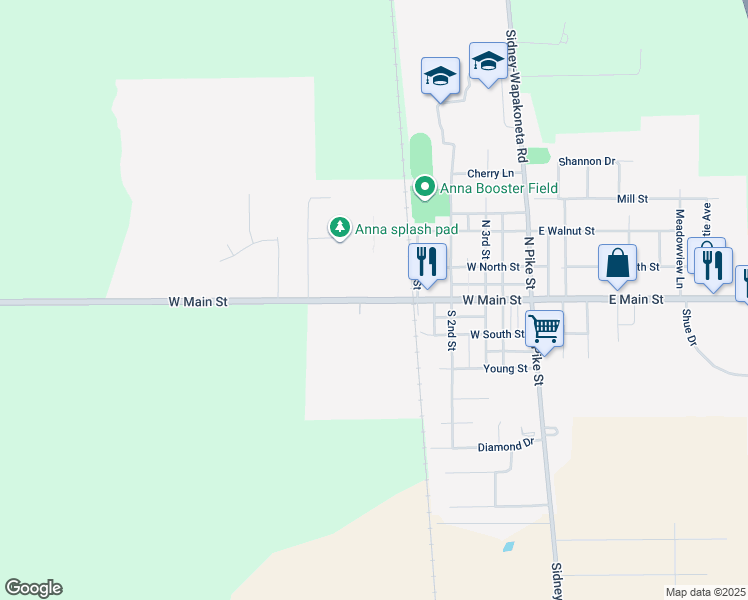 map of restaurants, bars, coffee shops, grocery stores, and more near West Main Street in Anna