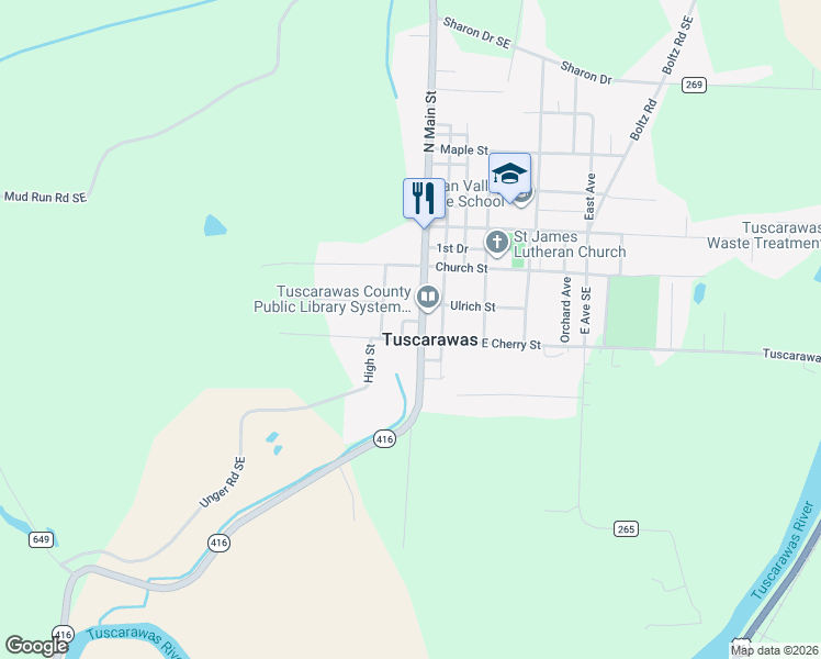 map of restaurants, bars, coffee shops, grocery stores, and more near 224 North Main Street in Dover