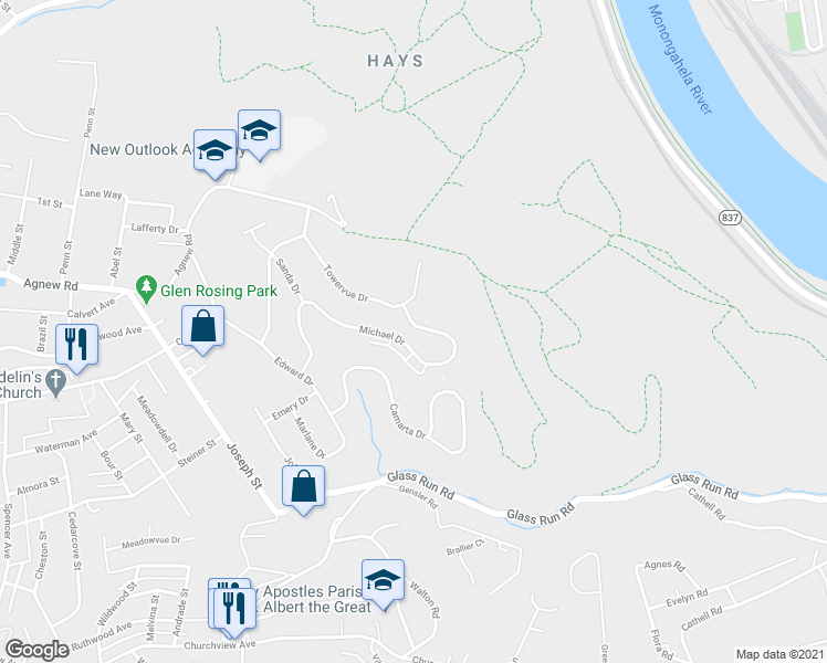 map of restaurants, bars, coffee shops, grocery stores, and more near 2511 Michael Drive in Pittsburgh