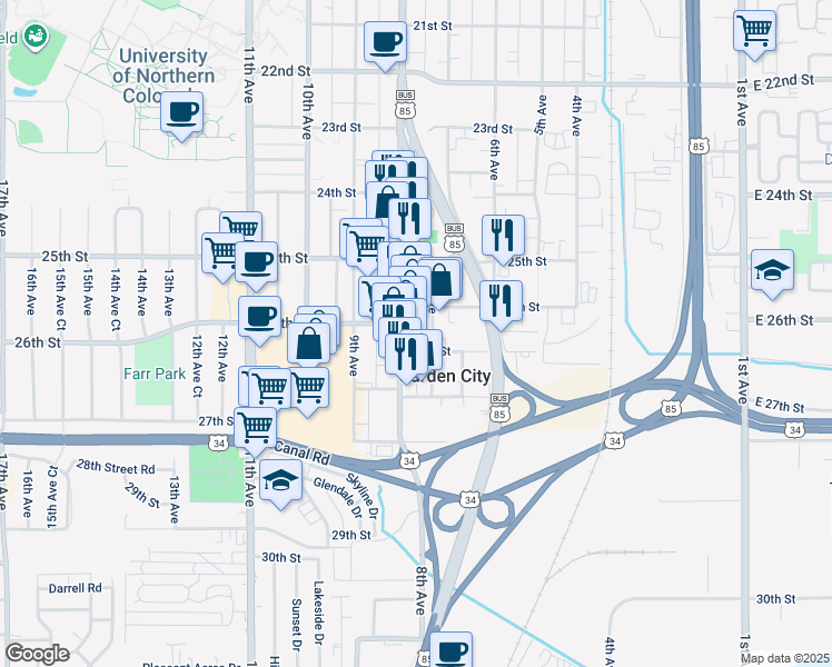 map of restaurants, bars, coffee shops, grocery stores, and more near 2626 8th Avenue in Greeley