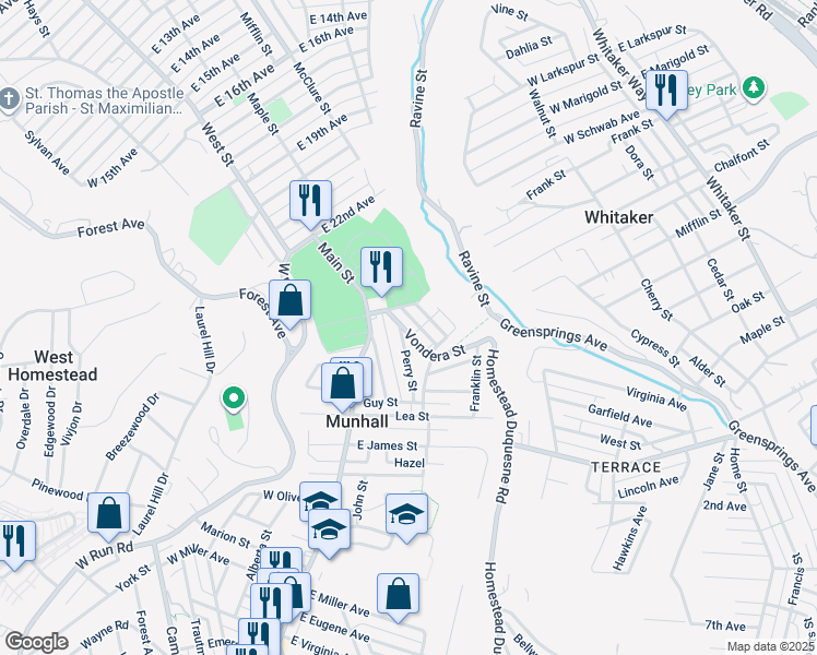 map of restaurants, bars, coffee shops, grocery stores, and more near 2331 Vondera Street in Munhall
