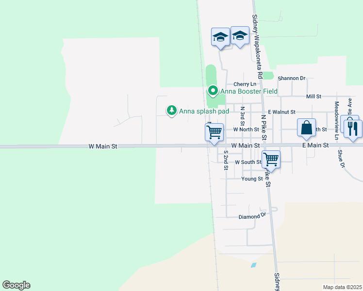 map of restaurants, bars, coffee shops, grocery stores, and more near West Main Street in Anna