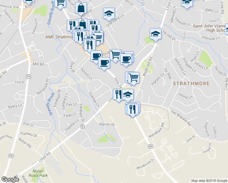map of restaurants, bars, coffee shops, grocery stores, and more near 6 Oxford Lane in Matawan
