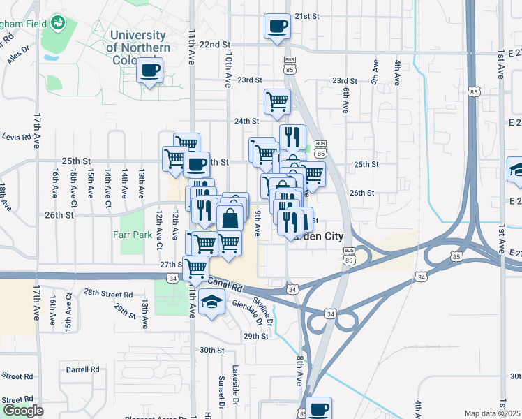 map of restaurants, bars, coffee shops, grocery stores, and more near 2600 9th Avenue in Garden City