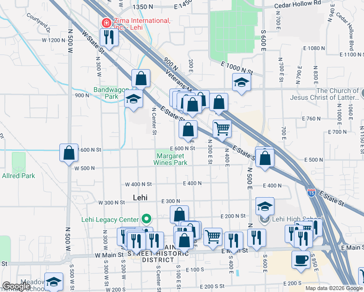 map of restaurants, bars, coffee shops, grocery stores, and more near 600 North 100 East in Lehi