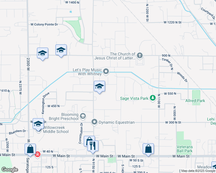 map of restaurants, bars, coffee shops, grocery stores, and more near 1551 West Timp Meadows Drive in Lehi