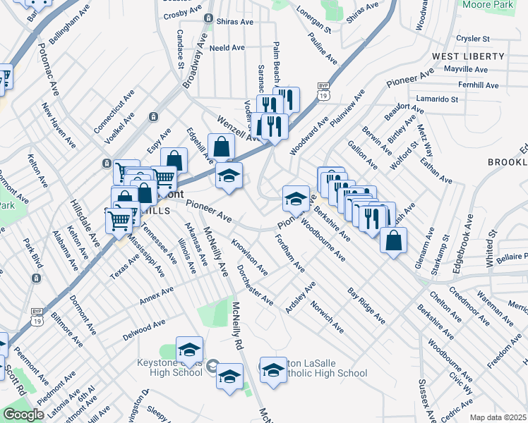 map of restaurants, bars, coffee shops, grocery stores, and more near 2831 Shawhan Avenue in Pittsburgh