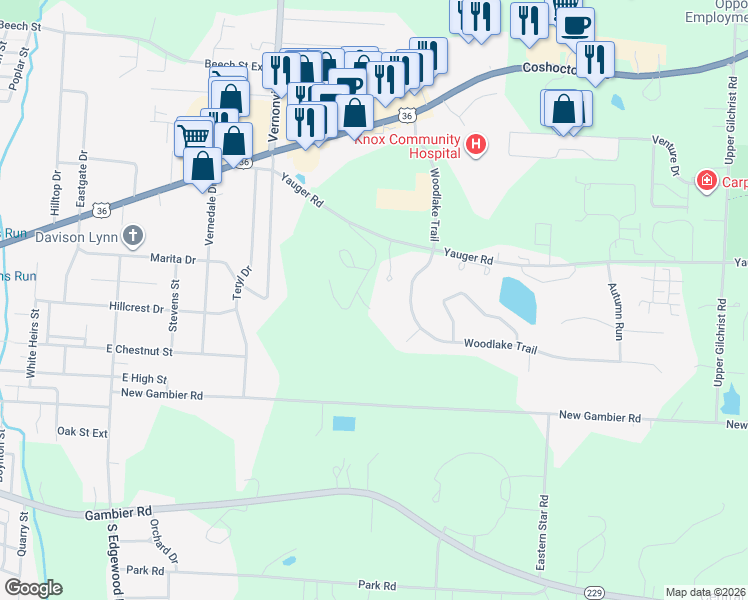 map of restaurants, bars, coffee shops, grocery stores, and more near 1365 Yauger Road in Mount Vernon