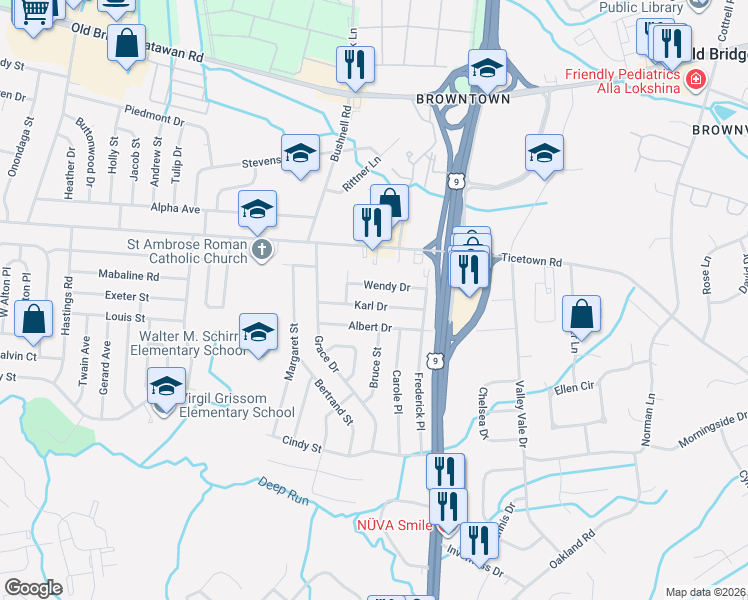 map of restaurants, bars, coffee shops, grocery stores, and more near 12 Karl Drive in Old Bridge