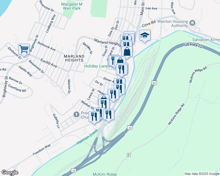 map of restaurants, bars, coffee shops, grocery stores, and more near 3917 Washington Street in Weirton