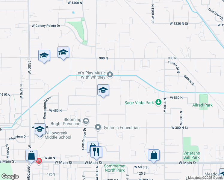 map of restaurants, bars, coffee shops, grocery stores, and more near 1551 West Timp Meadows Drive in Lehi
