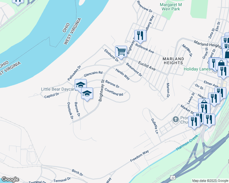 map of restaurants, bars, coffee shops, grocery stores, and more near 1126 Courtland Rd in Weirton
