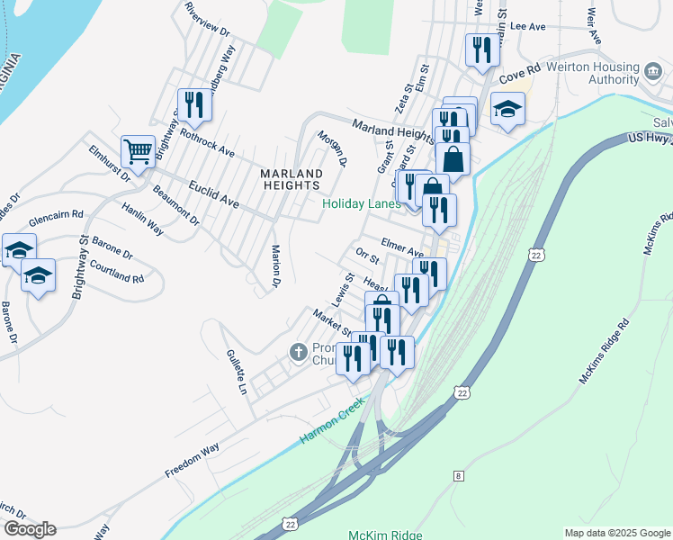 map of restaurants, bars, coffee shops, grocery stores, and more near 359 Heaslett Avenue in Weirton
