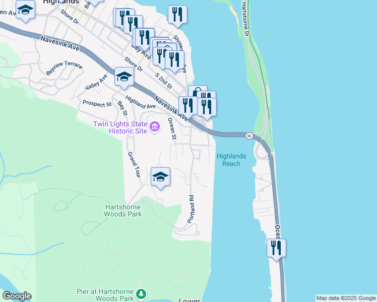 map of restaurants, bars, coffee shops, grocery stores, and more near 45 Portland Road in Highlands