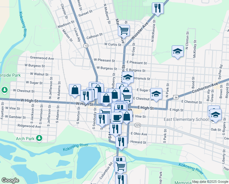 map of restaurants, bars, coffee shops, grocery stores, and more near 102 North Mulberry Street in Mount Vernon