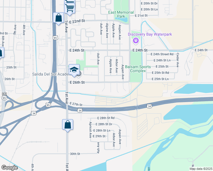 map of restaurants, bars, coffee shops, grocery stores, and more near 2611 Apple Avenue in Greeley
